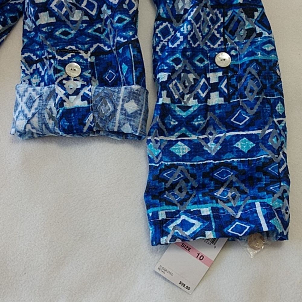 NEW Women's Aztec Top Geo Print Top Button Tab Long Slv Multi Blue Lark Lane 10 - Picture 6 of 8